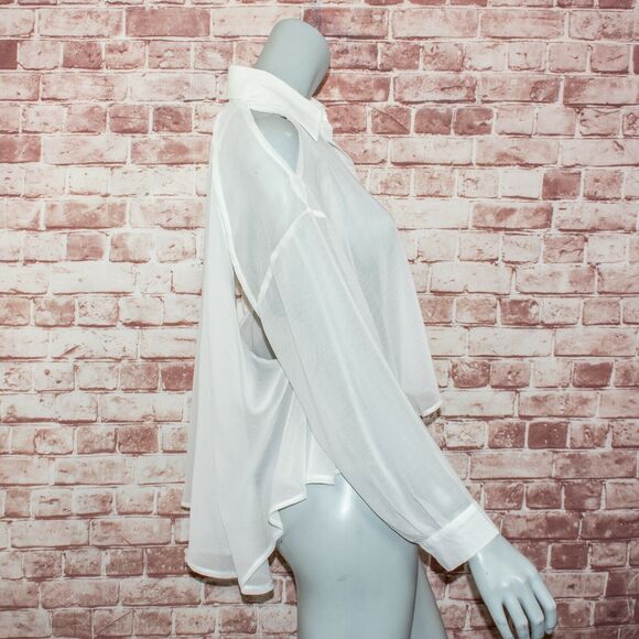 UNIF cut out Cold Shoulder Back Sheer Blouse White Size Medium - Picture 11 of 11